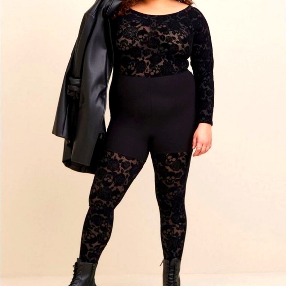 ❤️NWT VINTAGE TORRID CATSUIT - FLORAL SKULL MESH FLOCKED LONG SLEEVE - Picture 8 of 11